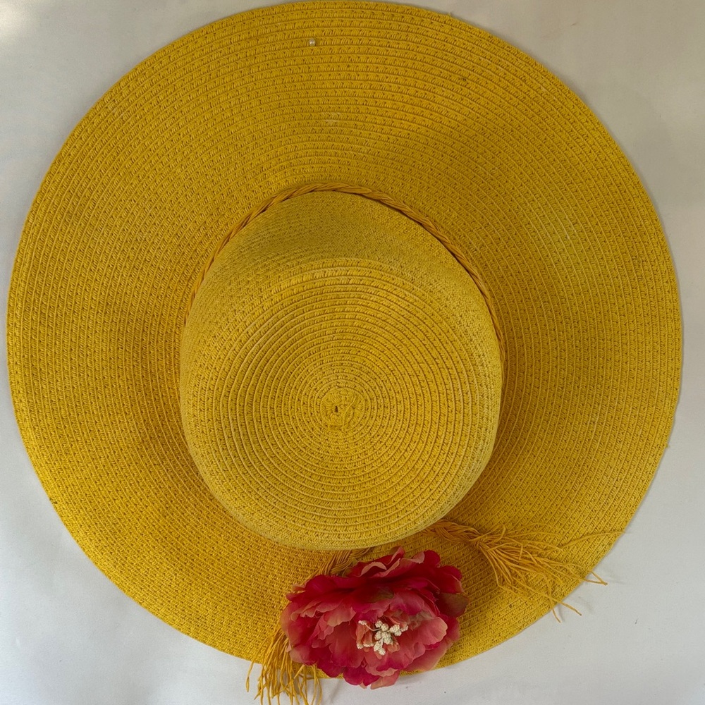 GENTLY WORN LOVE CULTURE YELLOW SUN HAT WITH PINK FLOWER ACCENT- - Picture 3 of 11
